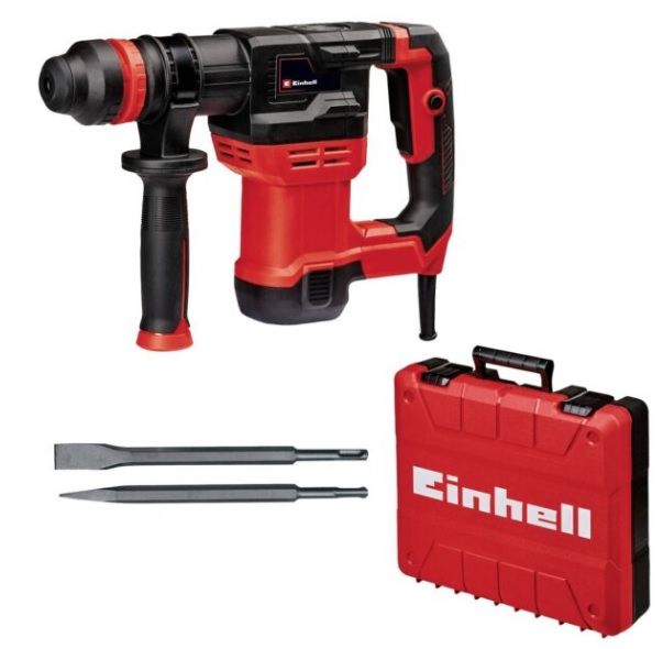 Martillo demoledor Einhell rojo y negro con dos cinceles y estuche de transporte.