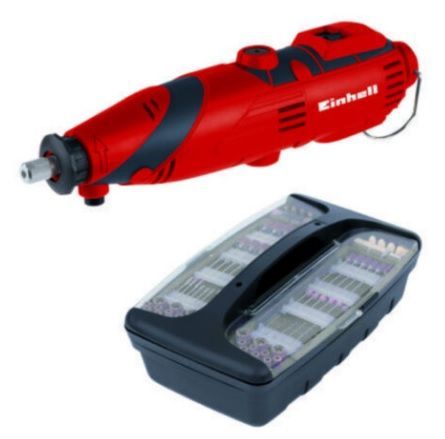Herramienta rotativa roja con juego de brocas en estuche negro.