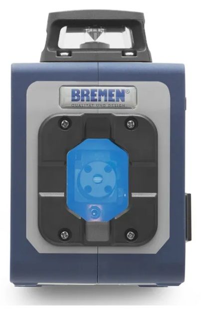Nivel láser Bremen azul y gris, en forma de cubo, con emisores láser negros y panel de control.