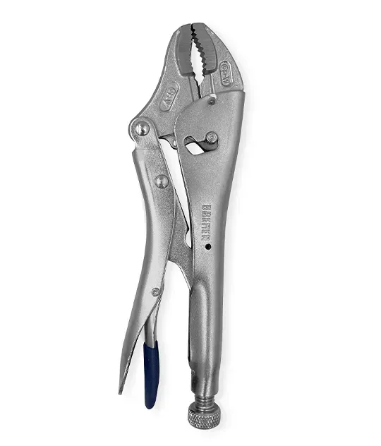 Alicates de mordaza, de metal plateado con mordazas dentadas, tornillo ajustable y punta de mango de color azul.