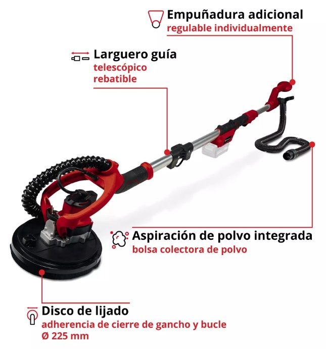Kit lijadora para paneles de yeso Einhell de color rojo y negro con accesorios y estuche de transporte rojo.