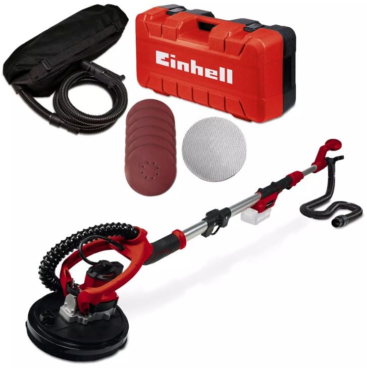 Kit lijadora para paneles de yeso Einhell de color rojo y negro con accesorios y estuche de transporte rojo.