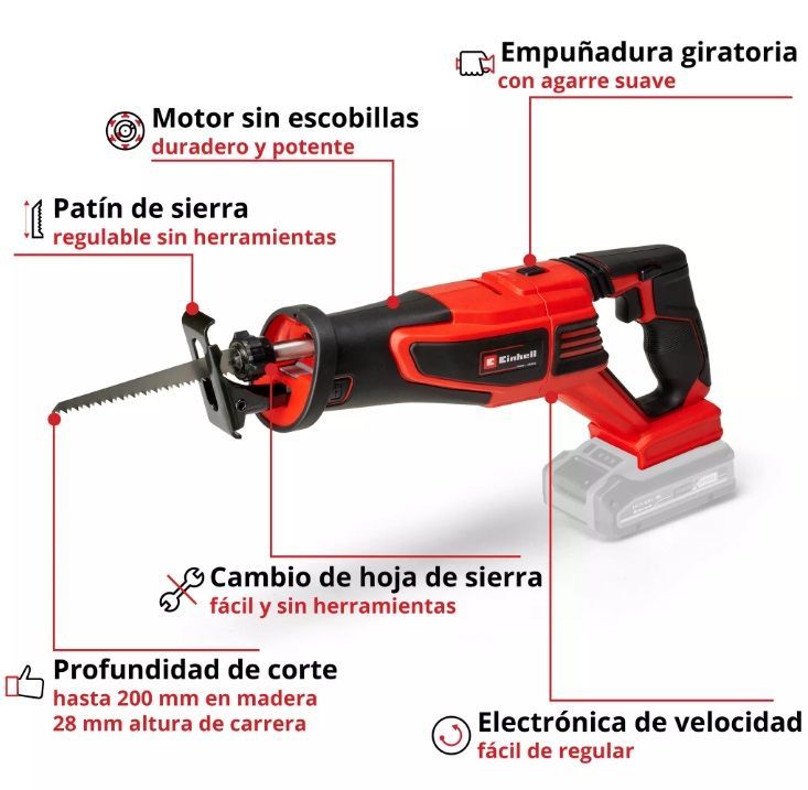 Sierra alternativa inalámbrica de color rojo y negro, en ángulo, con una hoja que se extiende hacia adelante.
