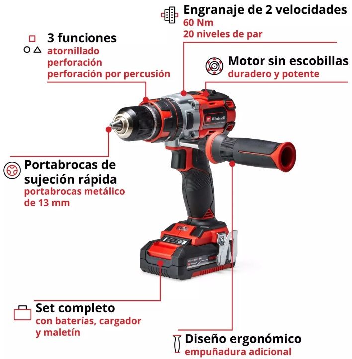 Taladro inalámbrico Einhell en color rojo y negro con dos baterías, cargador y estuche de transporte.