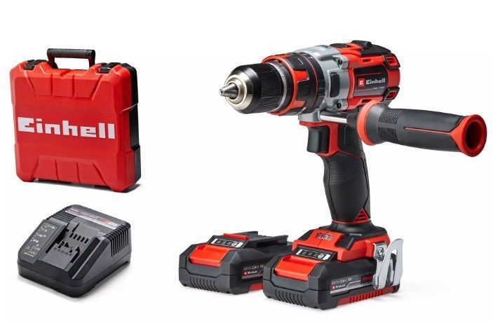 Taladro inalámbrico Einhell en color rojo y negro con dos baterías, cargador y estuche de transporte.