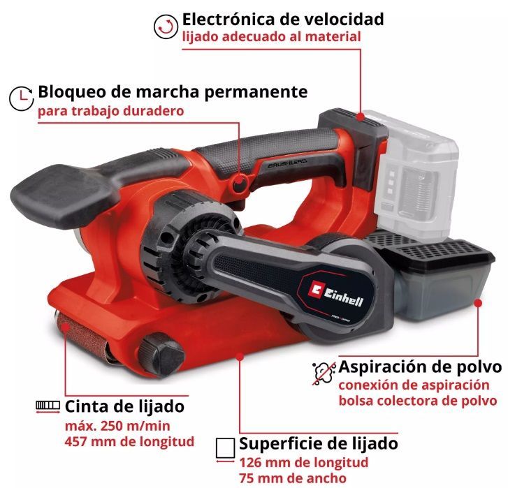 Lijadora de banda roja inalámbrica con banda de lijado y batería.
