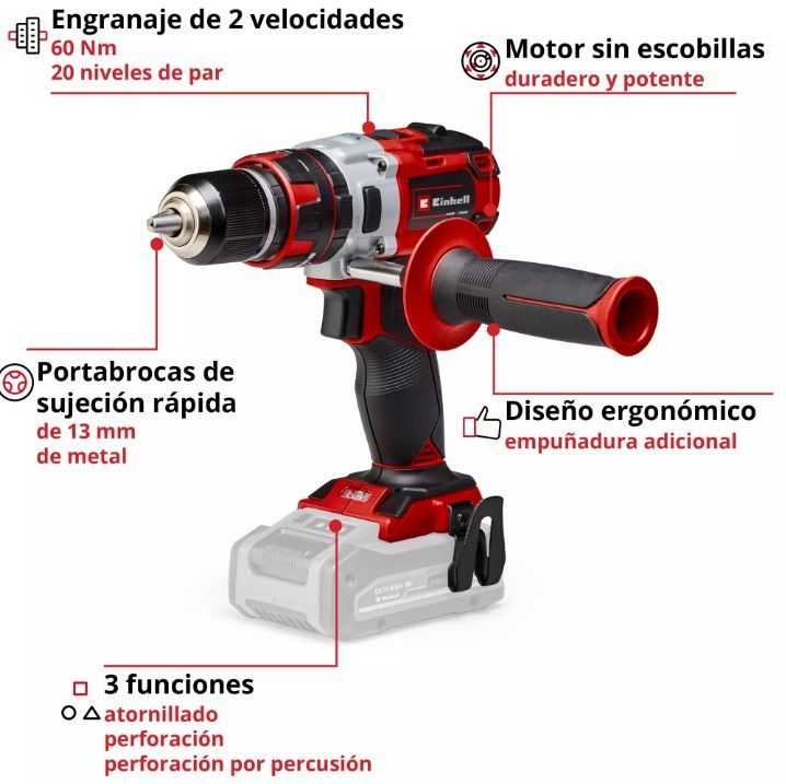 Taladro inalámbrico de color rojo y negro con mango lateral y batería incorporada.