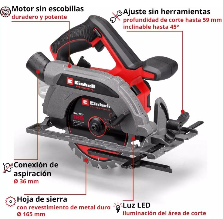 Sierra circular inalámbrica, de color rojo y gris, con mango negro y protector de hoja.