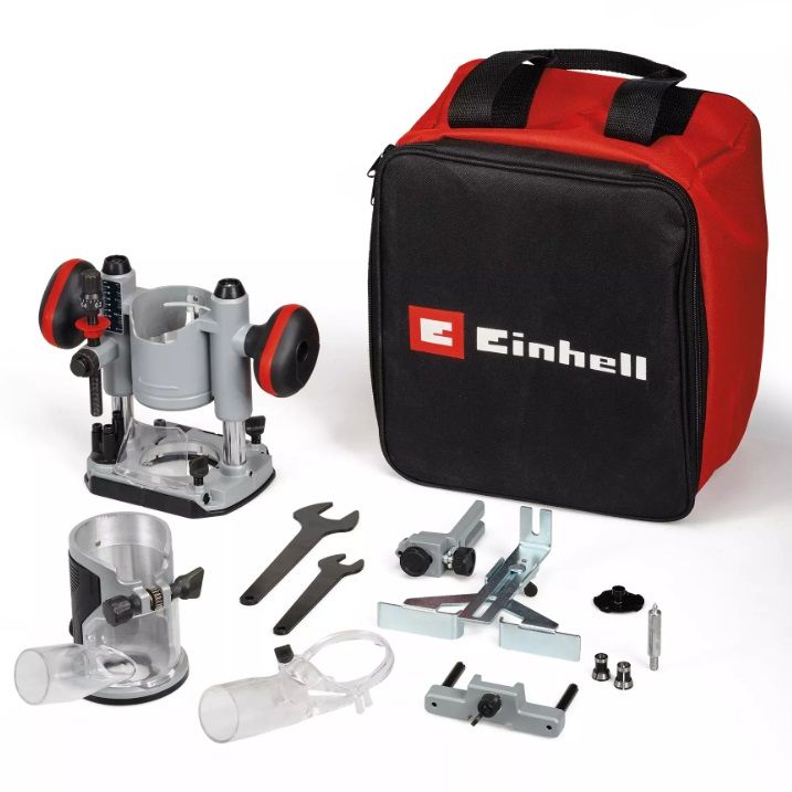 Kit de fresadora Einhell: herramienta plateada y roja con accesorios y bolsa de transporte negra y roja.
