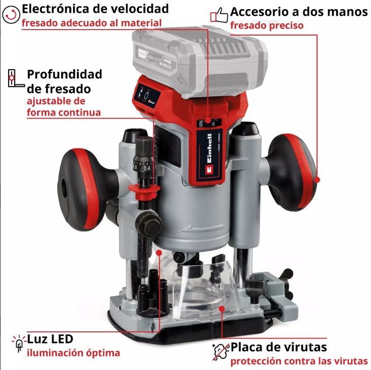 Kit de fresadora Einhell: herramienta plateada y roja con accesorios y bolsa de transporte negra y roja.