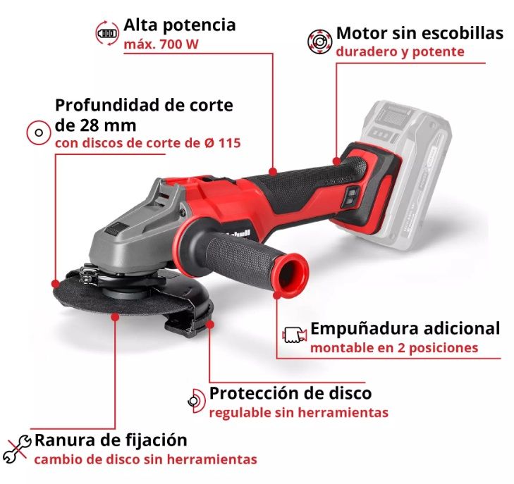 Amoladora angular inalámbrica roja y negra con disco de amolar incorporado y tuerca de montaje suelta.