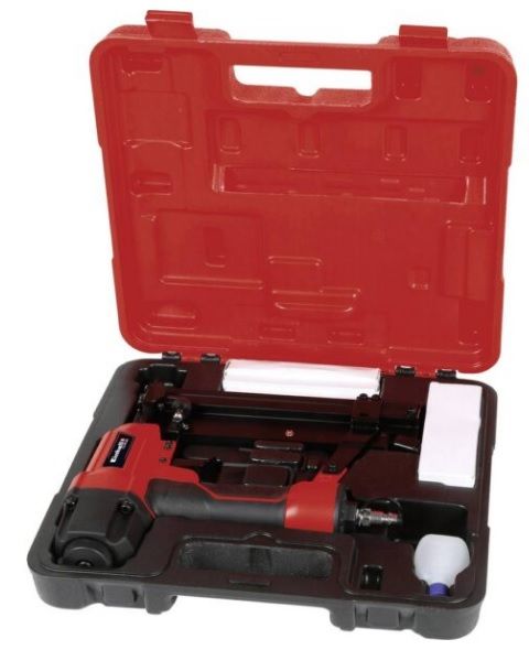 Pistola de clavos Einhell roja y negra y estuche de transporte, con grapas.