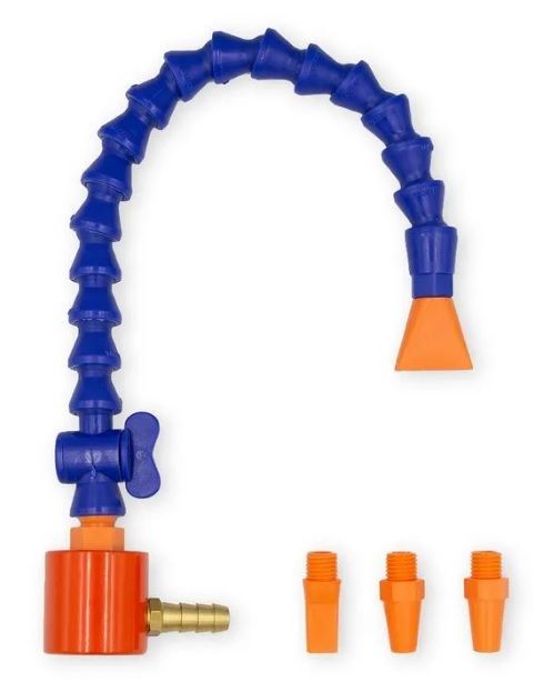 Boquilla de refrigerante ajustable azul y naranja con tres puntas intercambiables.