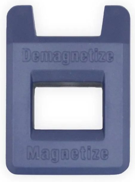Herramienta magnética en forma de herradura de color azul.