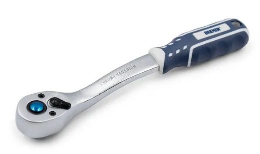 Llave de trinquete con mango azul y gris.