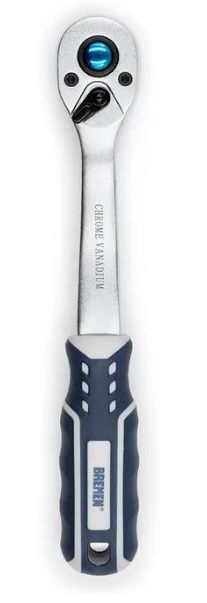 Llave de trinquete con mango azul y gris.