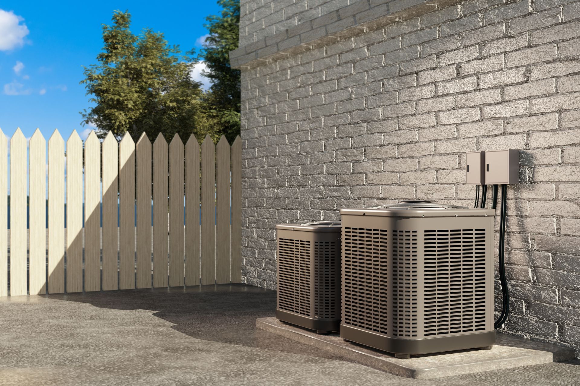 Air conditioning units next to a brick wall and a fence on a sunny day.