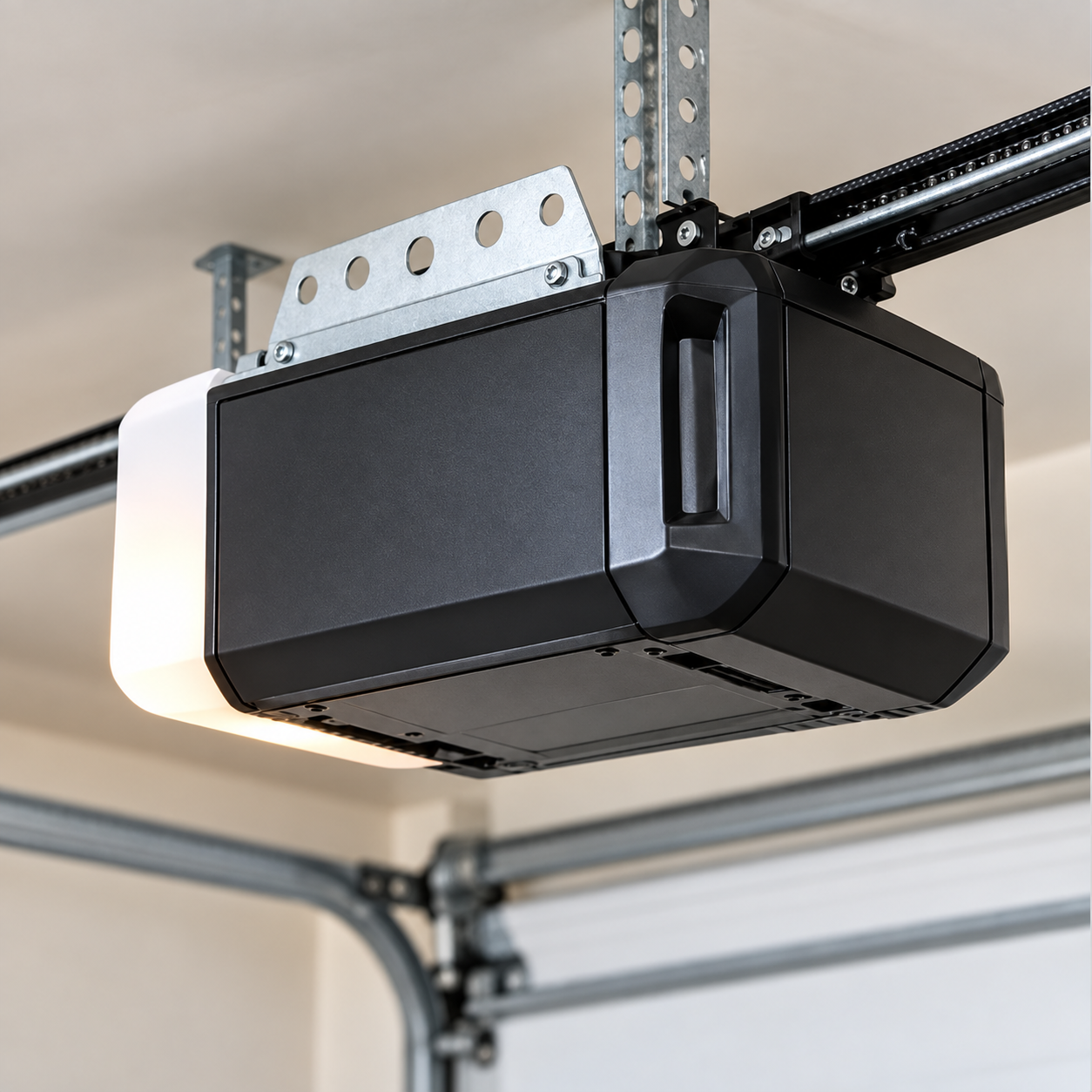 Black LiftMaster garage door opener mounted on the ceiling in a garage