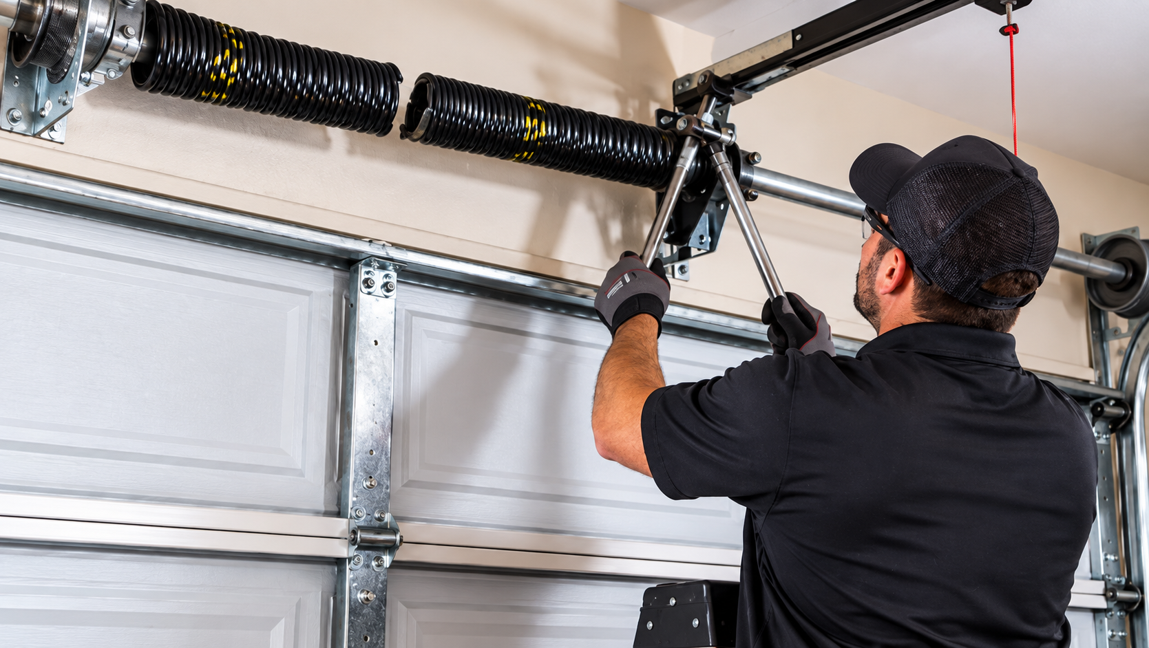 Garage door technician repairing a broken torsion spring on a residential garage door