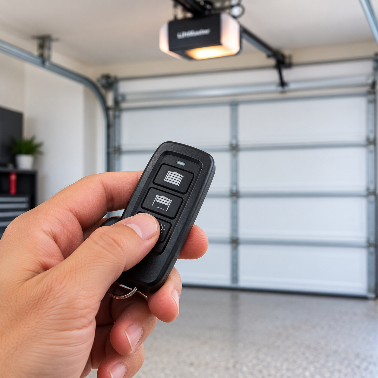 Garage door technician repairing a broken cable on a residential garage door