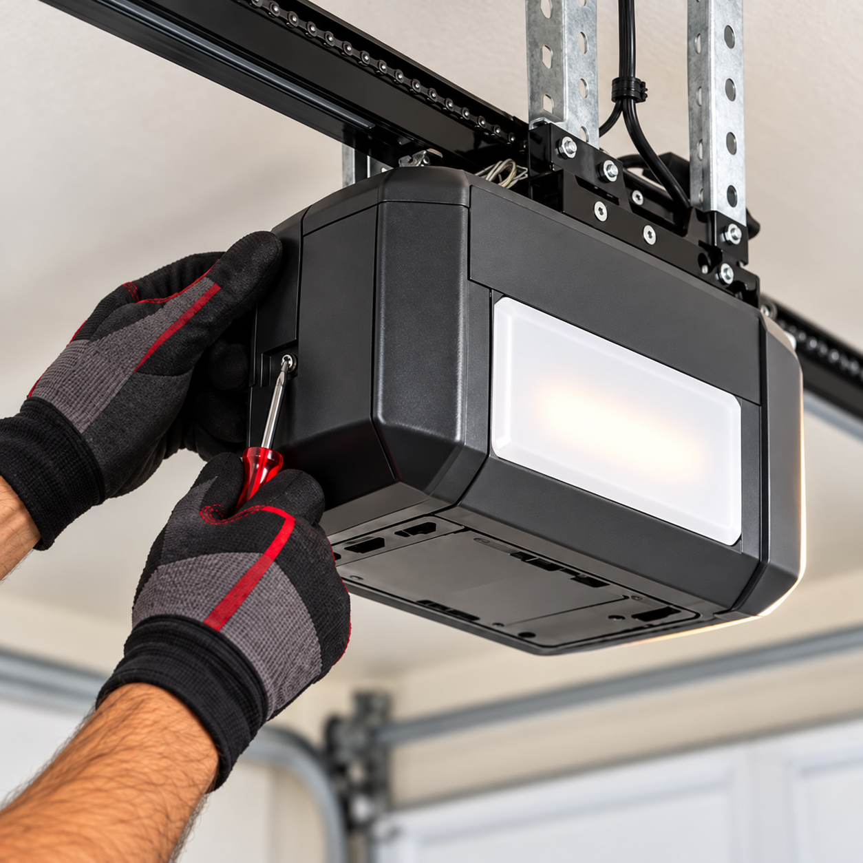 Gloved hands installing a black LiftMaster garage door opener on the ceiling.