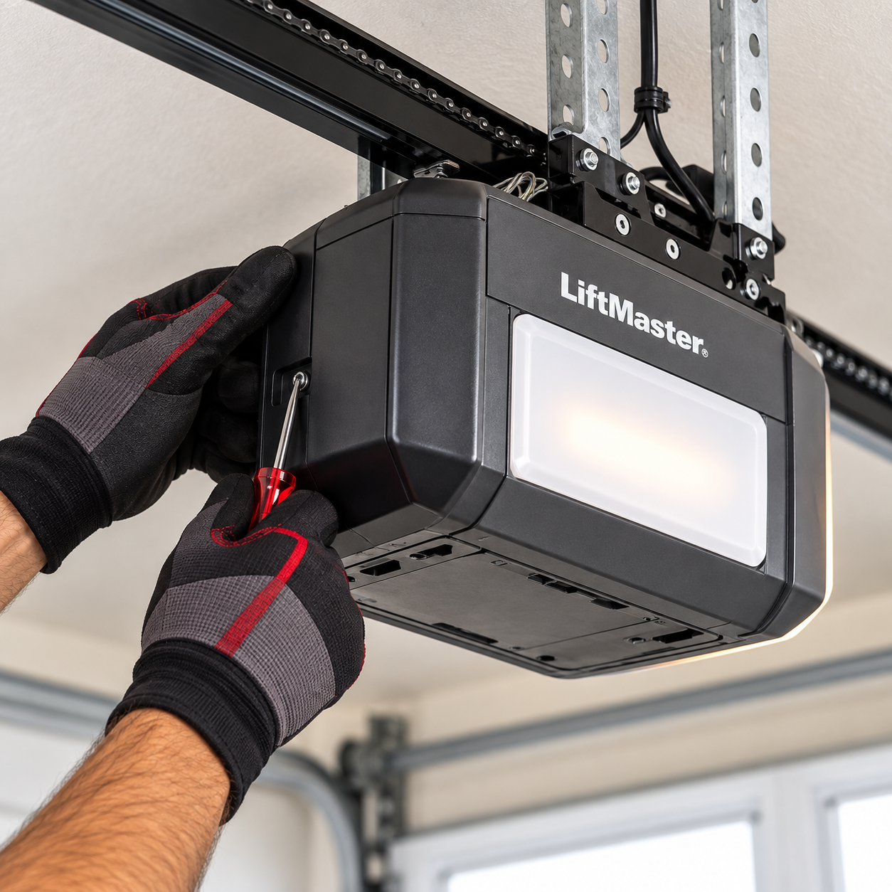 Garage door technician repairing a broken torsion spring on a residential garage door