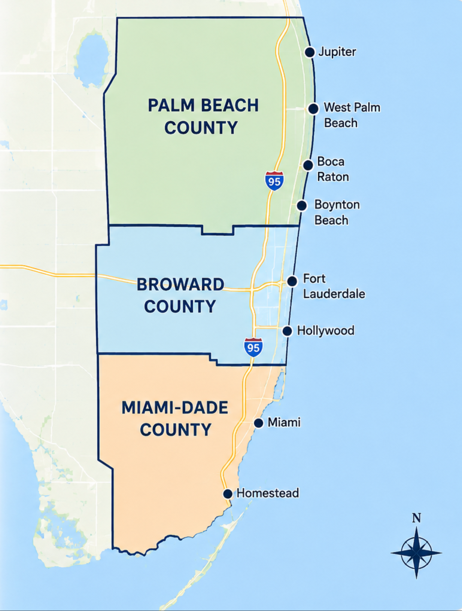 Map showing Broward, Miami-Dade and Palm Beach service areas