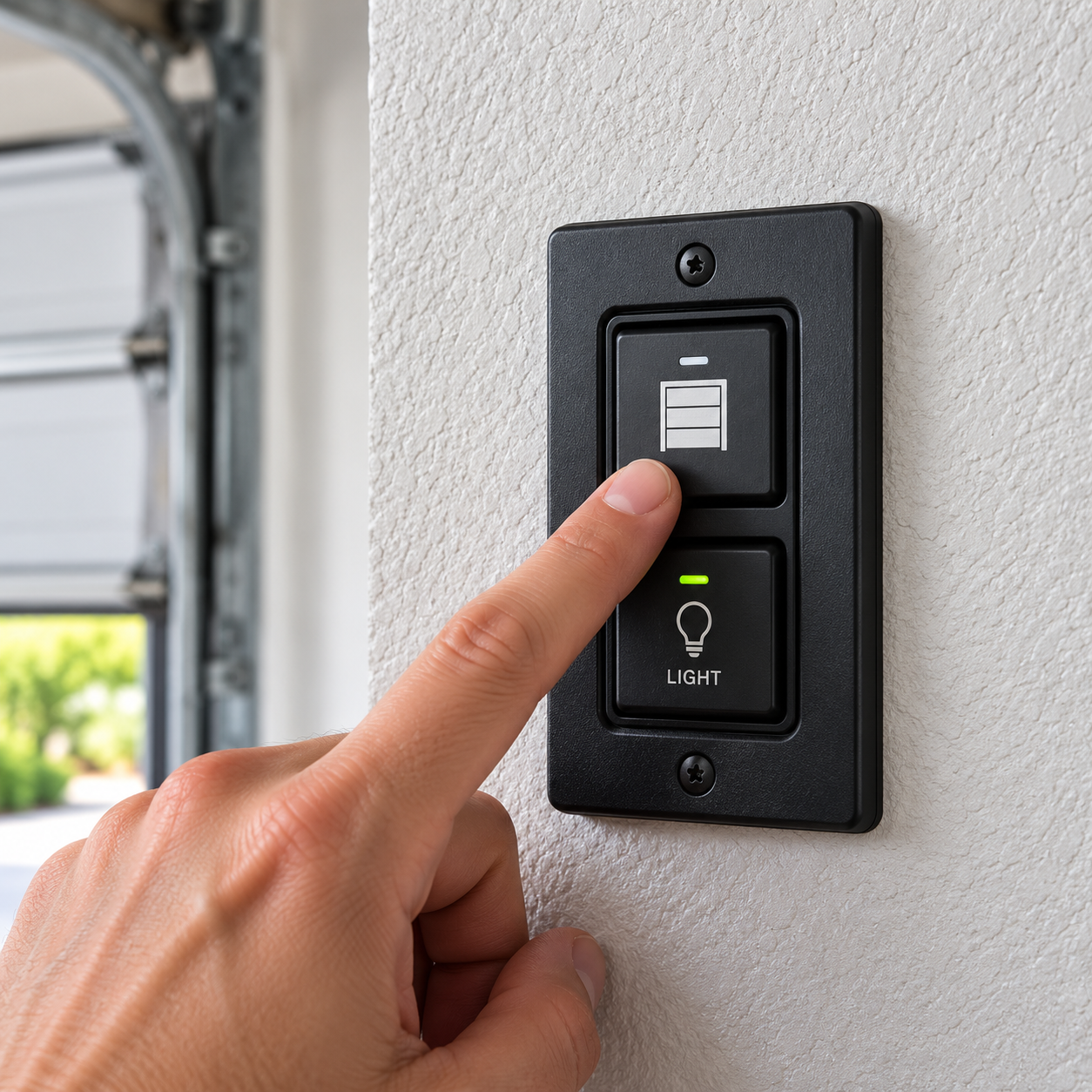 Garage door technician replacing an overhead garage door opener motor in a residential garage