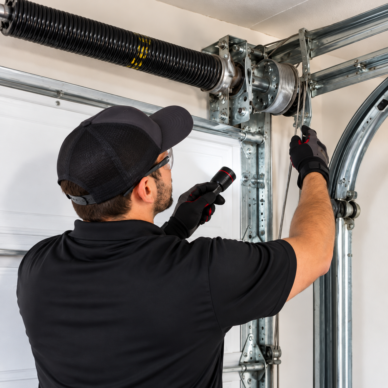 Garage door technician replacing an overhead garage door opener motor in a residential garage