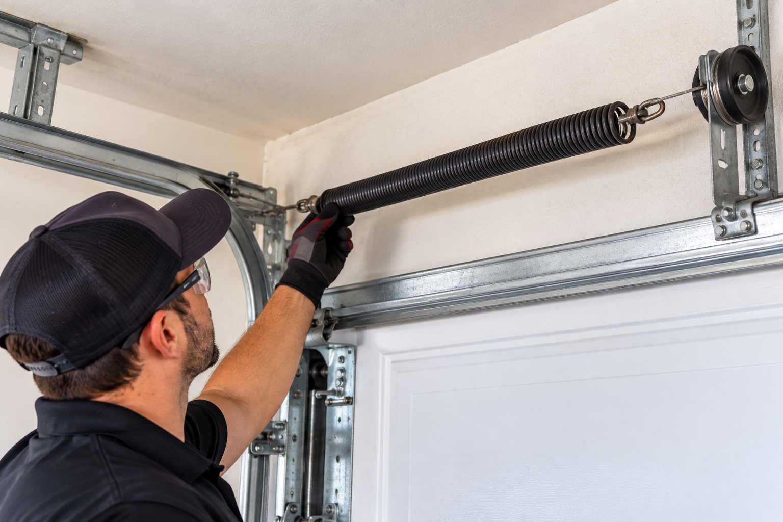 Garage door technician repairing a broken cable on a residential garage door
