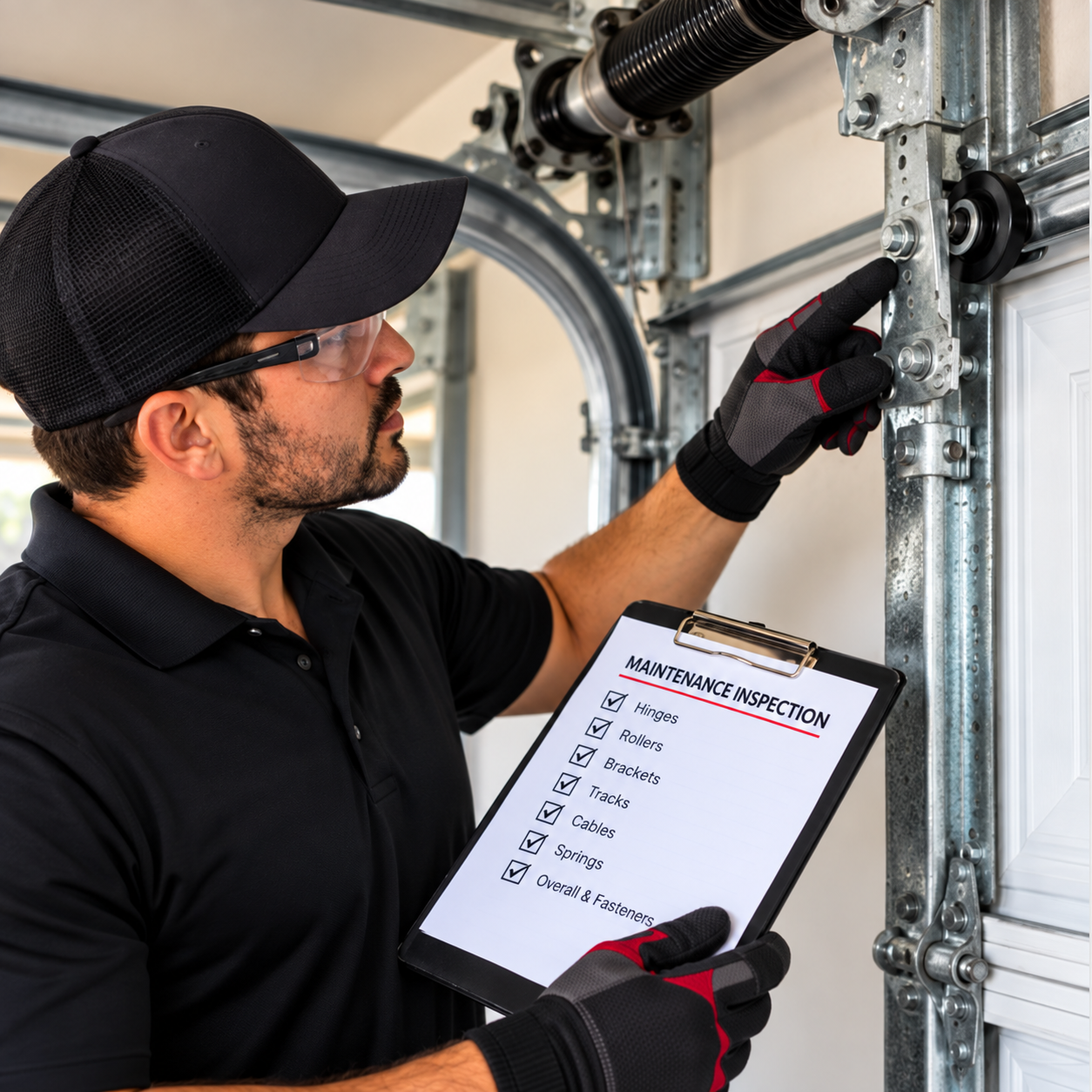 Garage door technician inspecting and adjusting a residential garage door