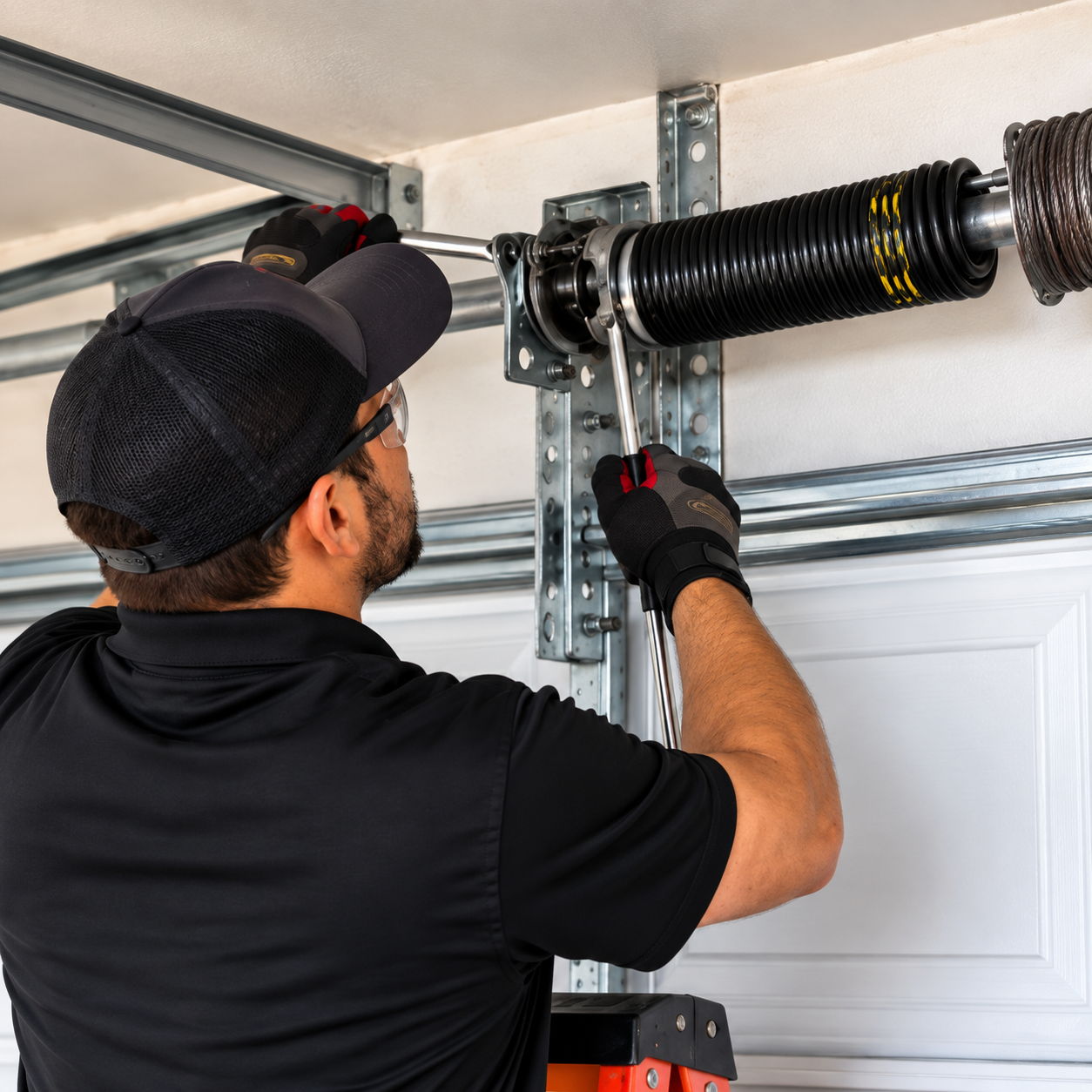 Garage door technician repairing a broken torsion spring on a residential garage door