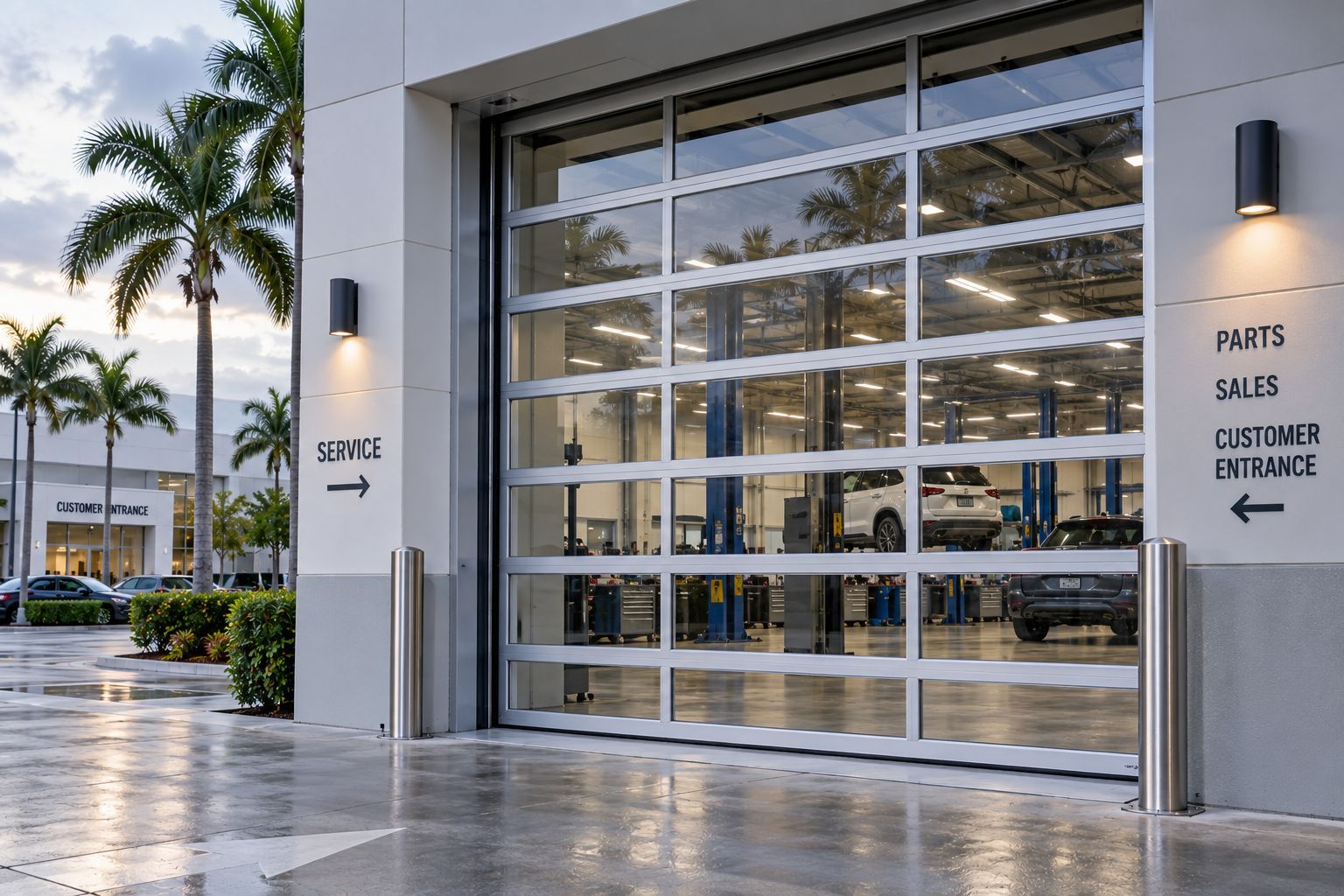 Aluminum and glass commercial overhead door at a modern showroom