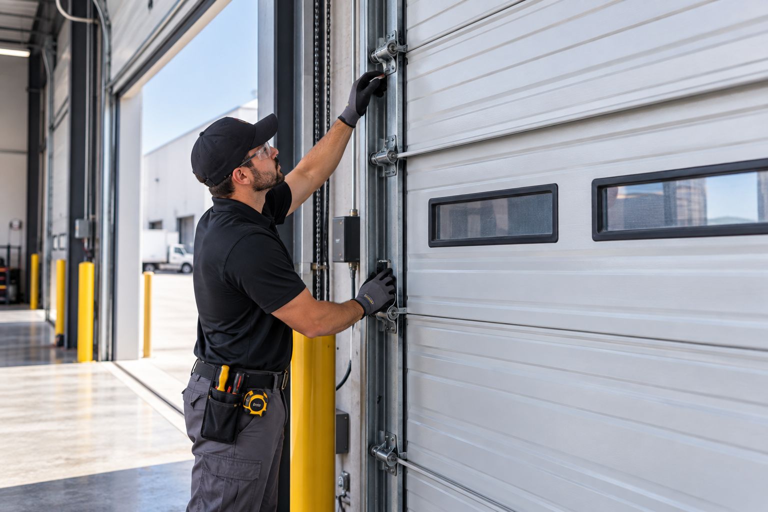 Miami-Dade warehouse/industrial facility with unbranded technician inspecting an overhead door.
