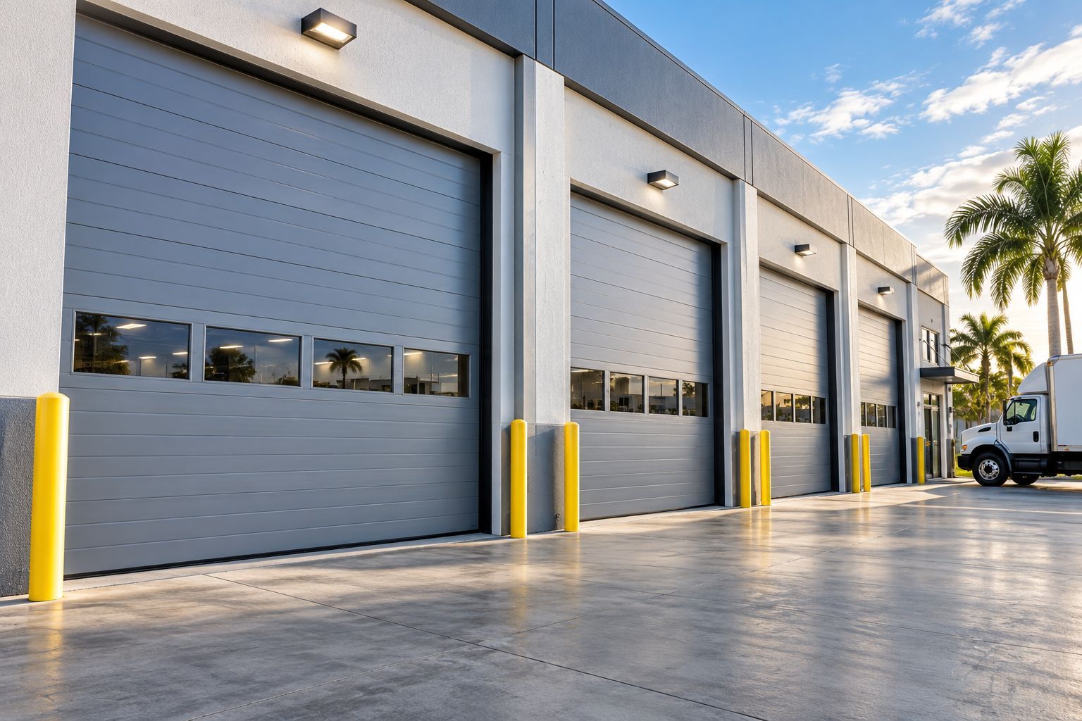 Sectional commercial overhead garage door at a South Florida warehouse