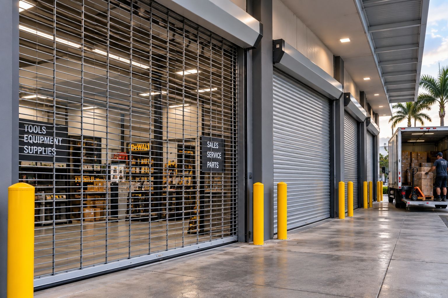 Commercial rolling security grille protecting a storefront entrance