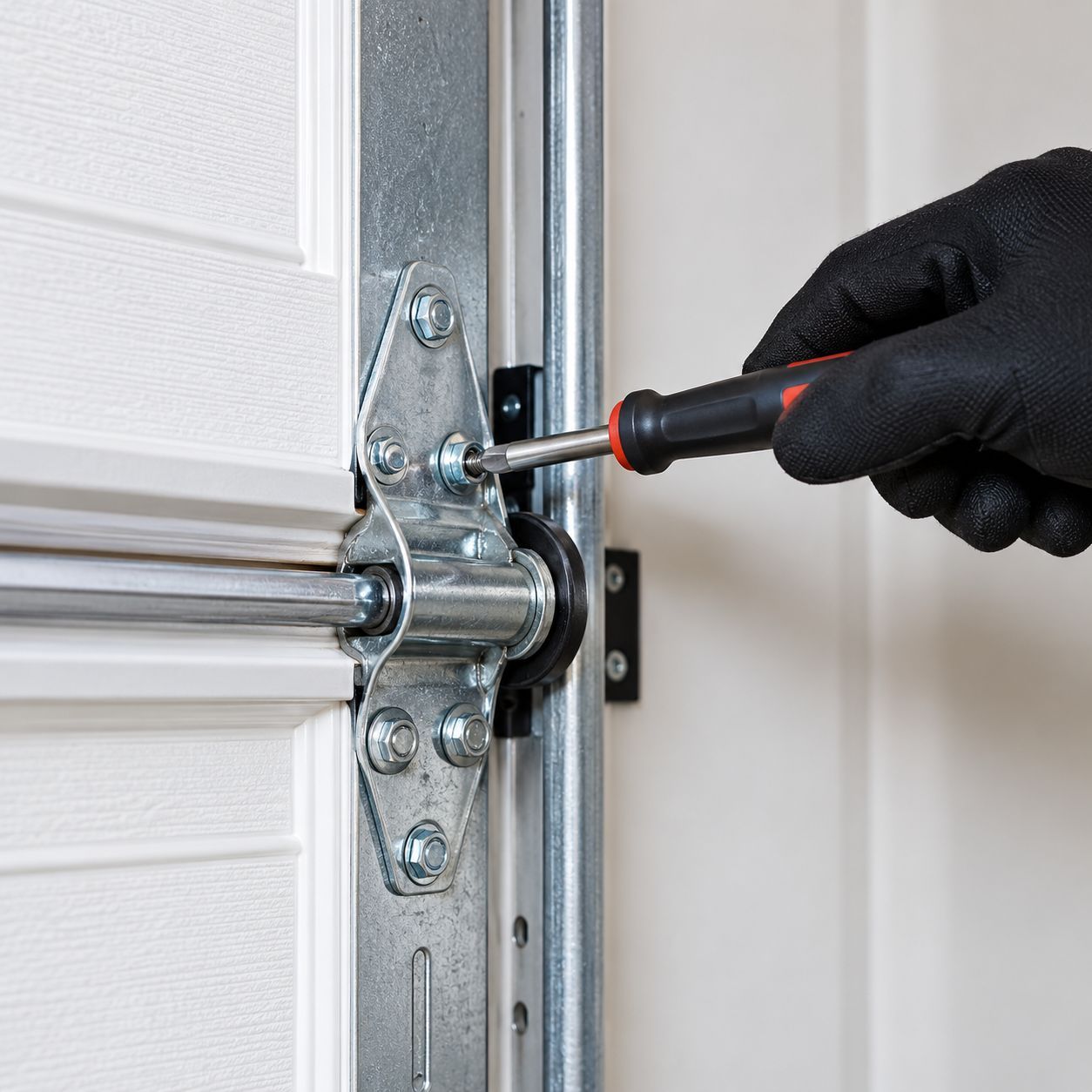 Technician inspecting garage door hinges and hardware