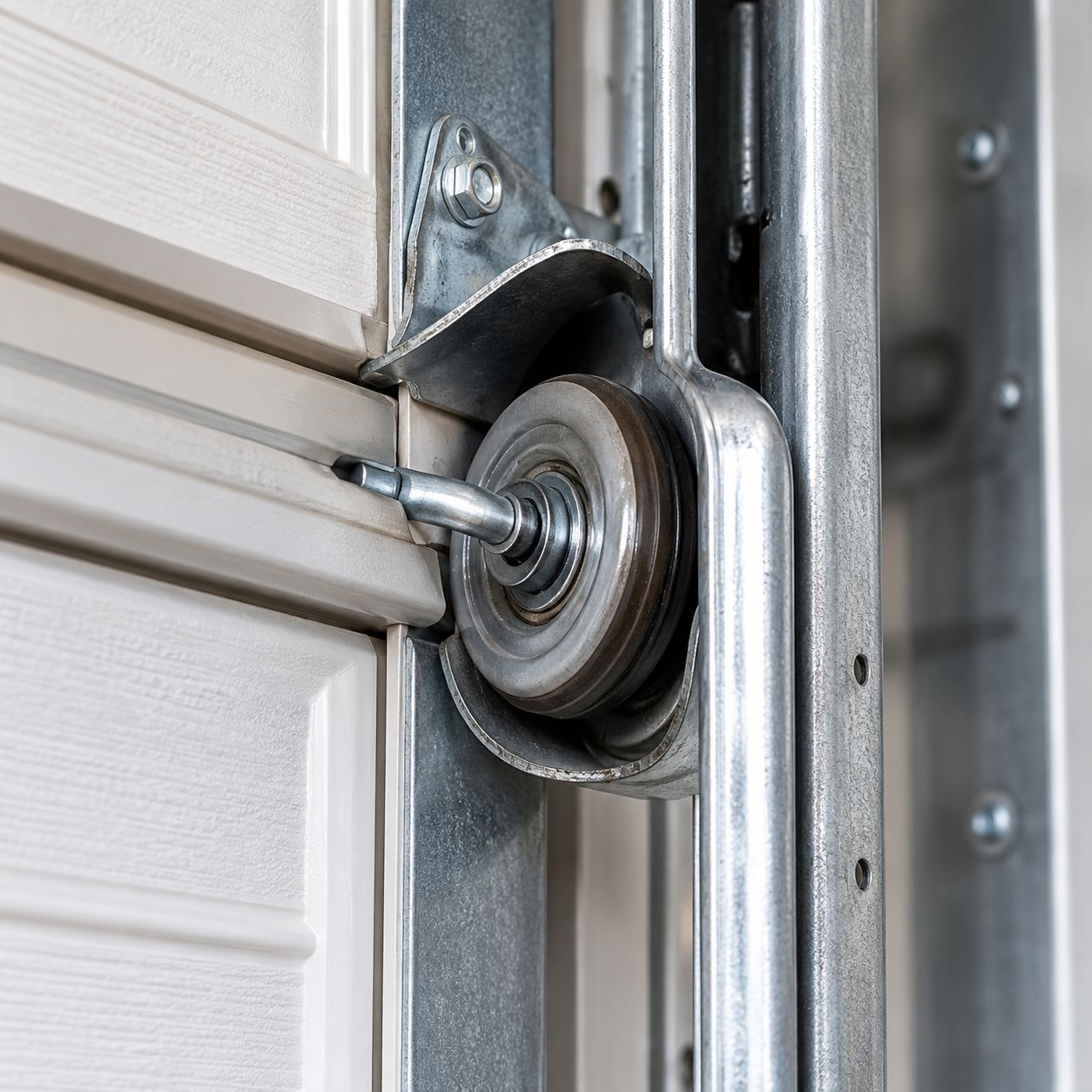 Garage door professional inspecting rollers and tracks