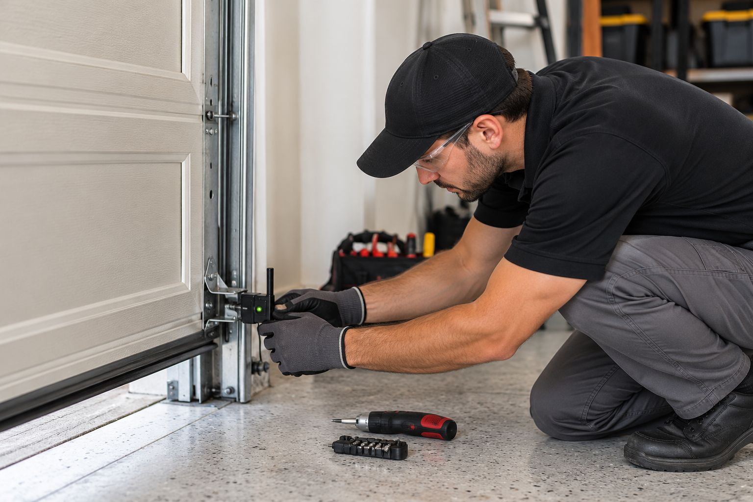 Technician checking garage door opener safety sensors