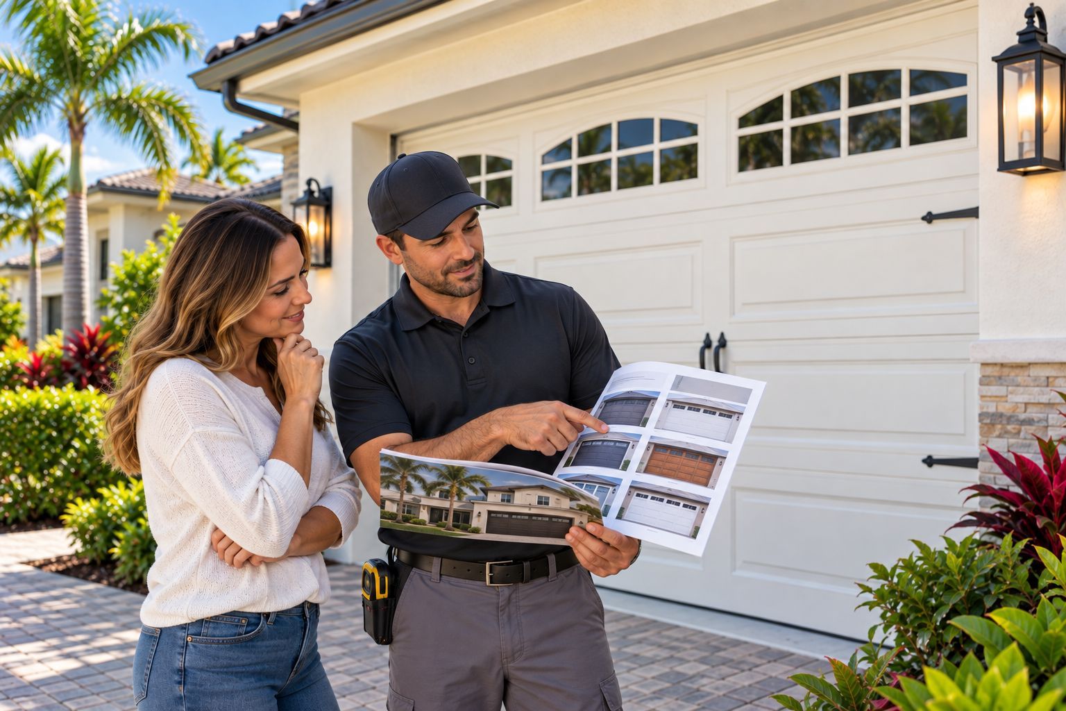 Homeowner reviewing garage door styles with an installation professional in South Florida