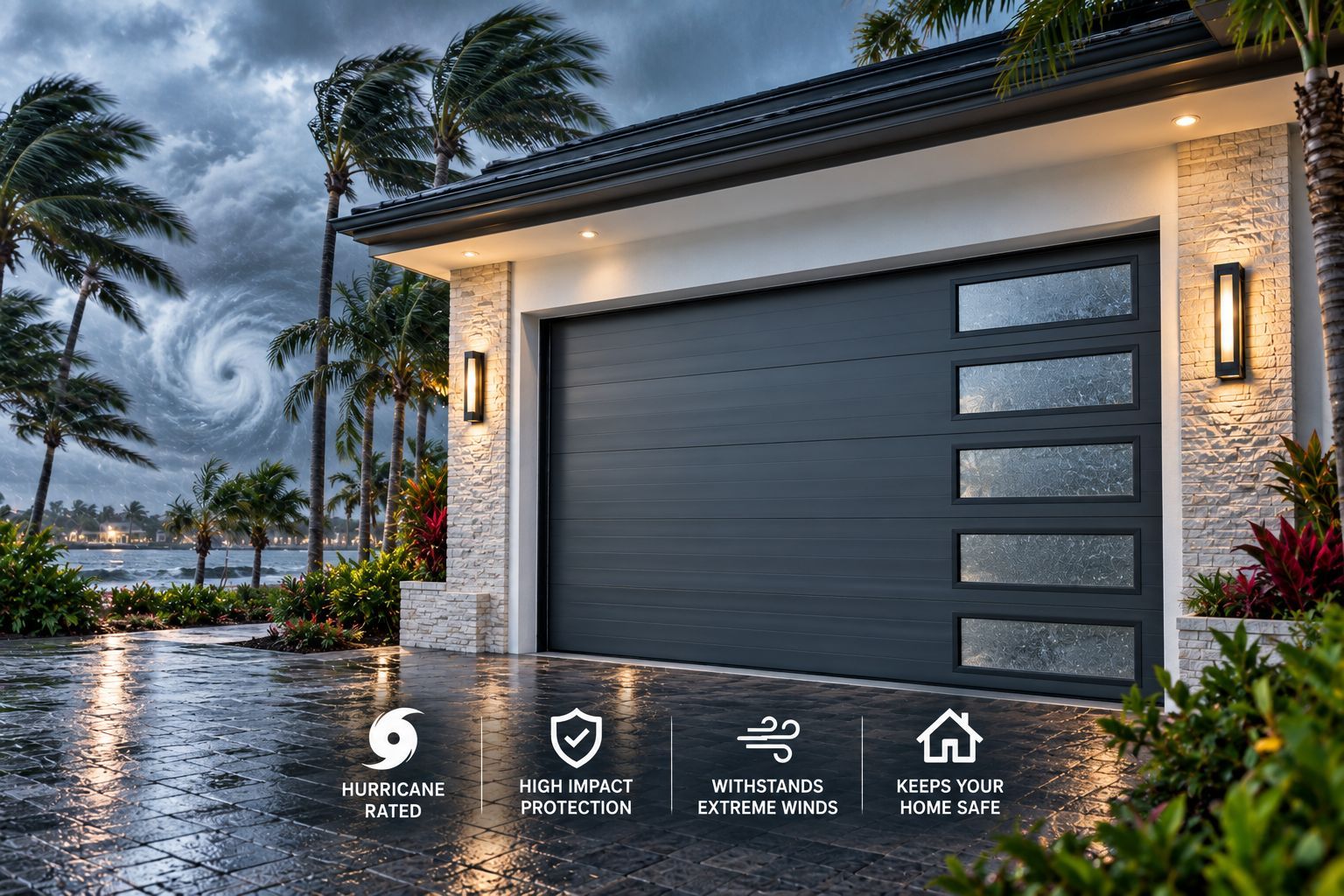 Hurricane-rated high-impact garage door protecting a South Florida home during severe storm conditions