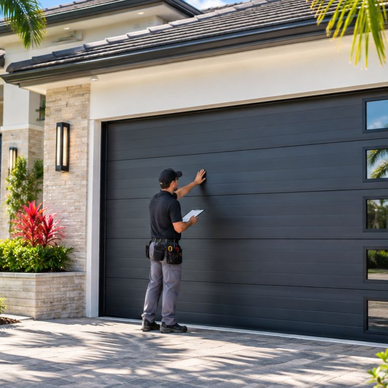 Garage door technician replacing an overhead garage door opener motor in a residential garage