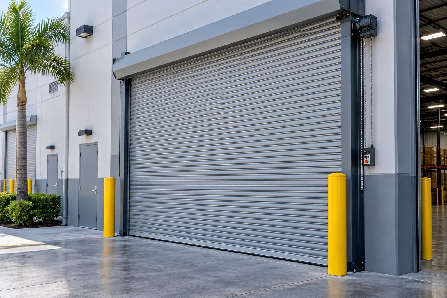 Rolling steel commercial garage door at a South Florida warehouse facility