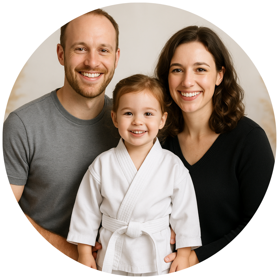 A man and woman are posing for a picture with a little boy in a karate uniform
