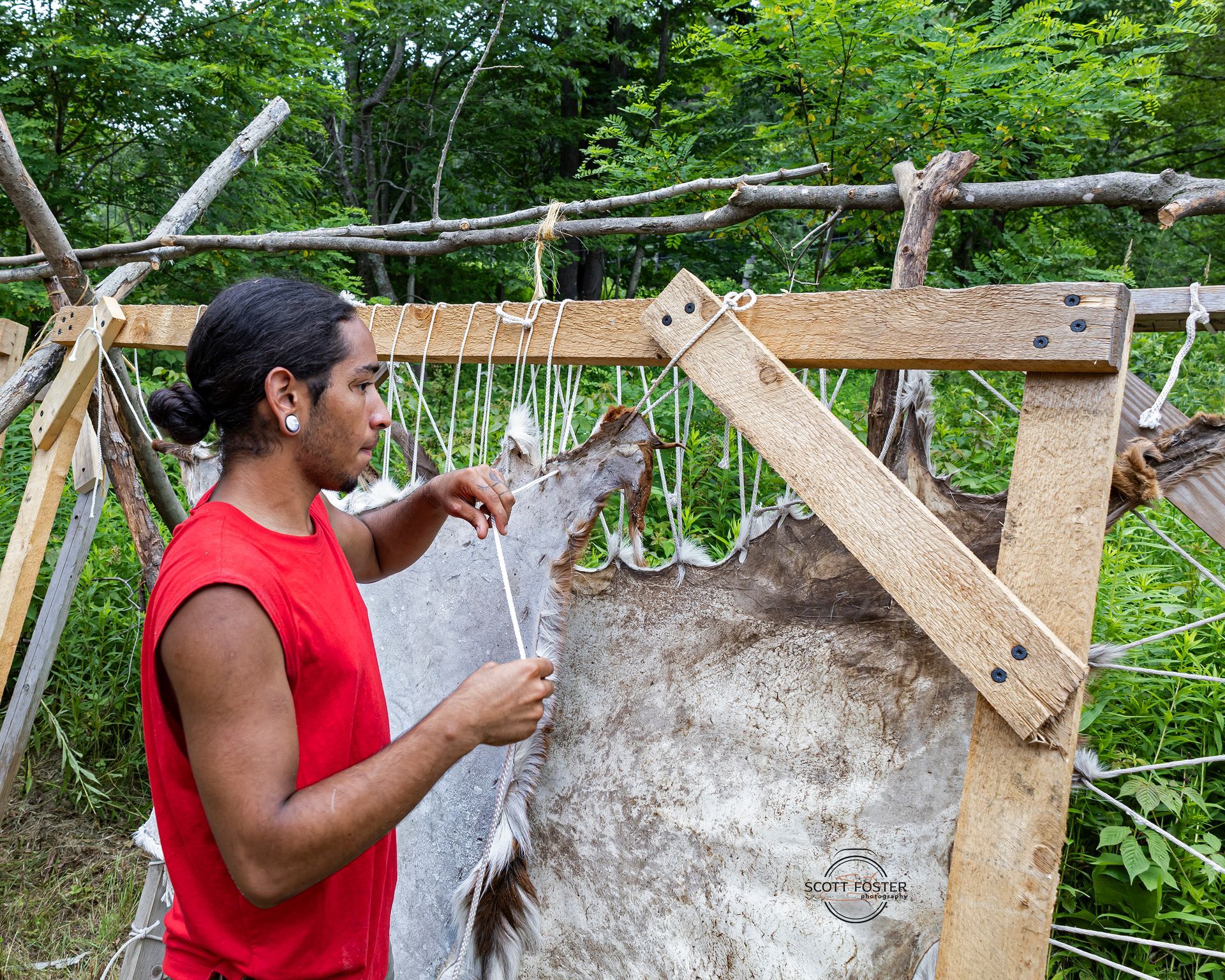 Man in red shirt working on animal hide stretched on a wooden frame outdoors.