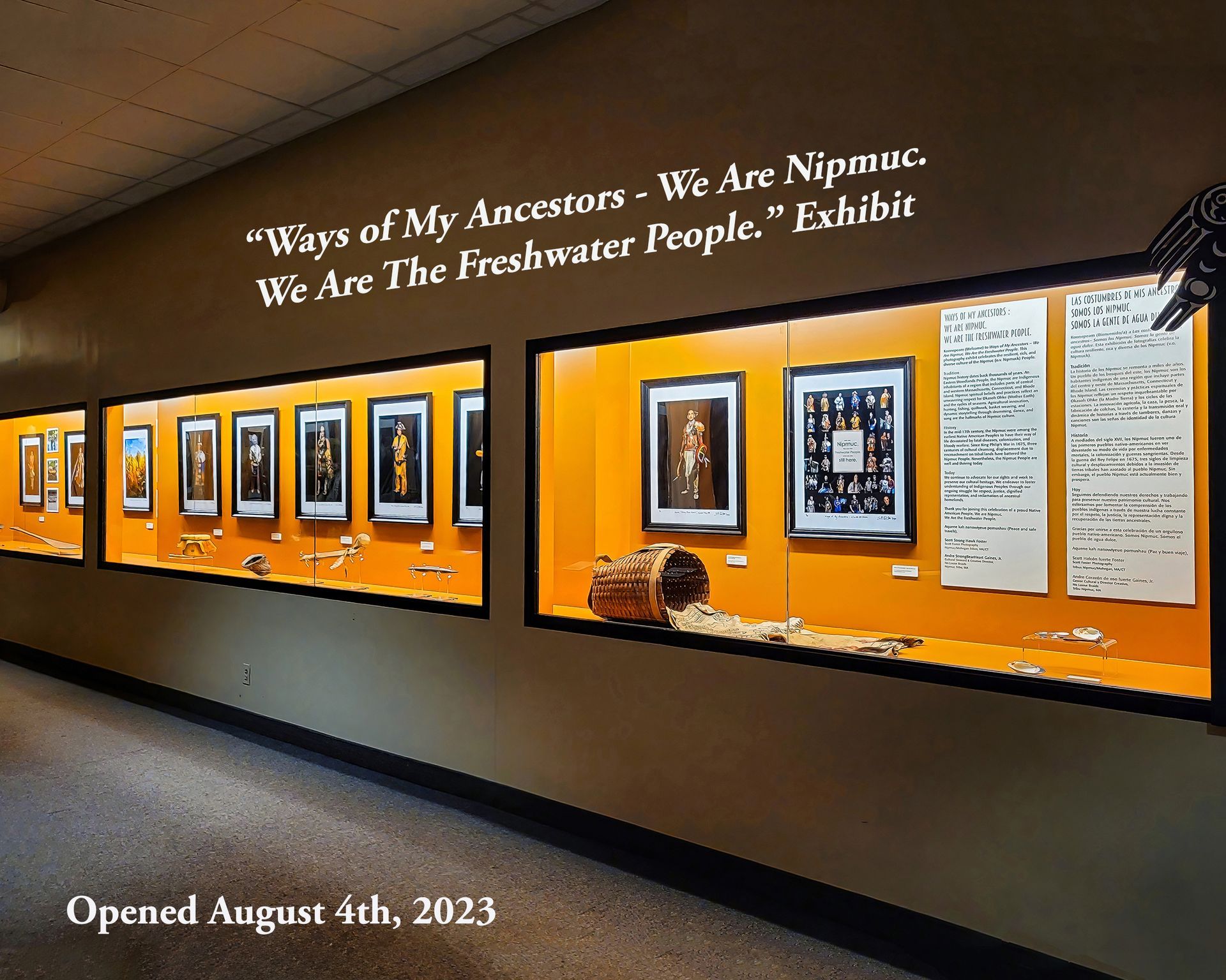 Framed items in illuminated cases, with text