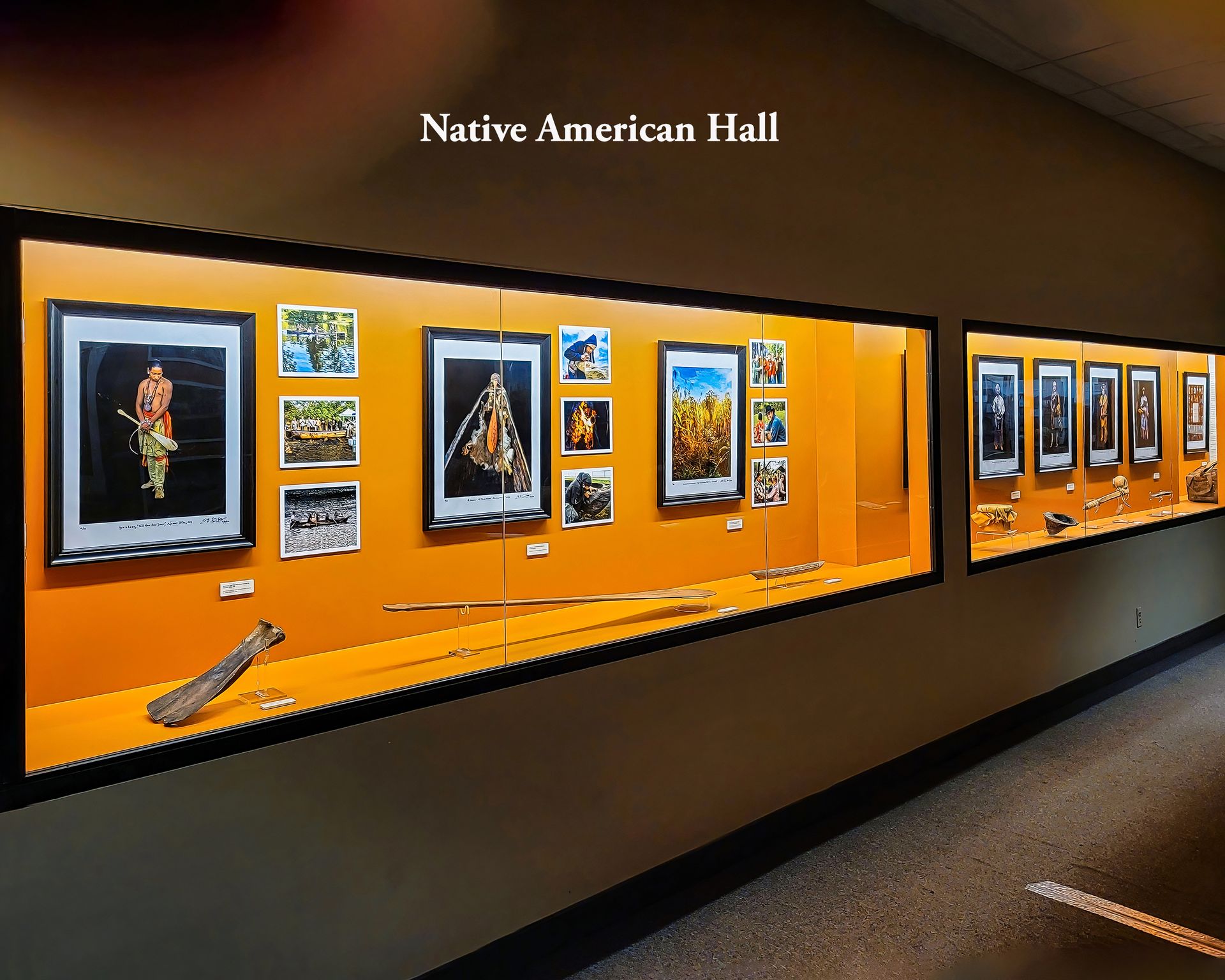 Native American Hall display case with framed artwork and artifacts.