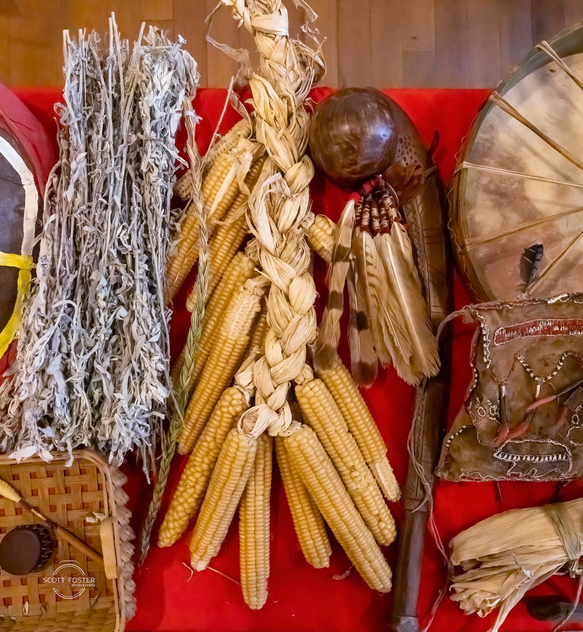 Arrangement of Native American ceremonial objects, including corn, herbs, and a shield, on red fabric.