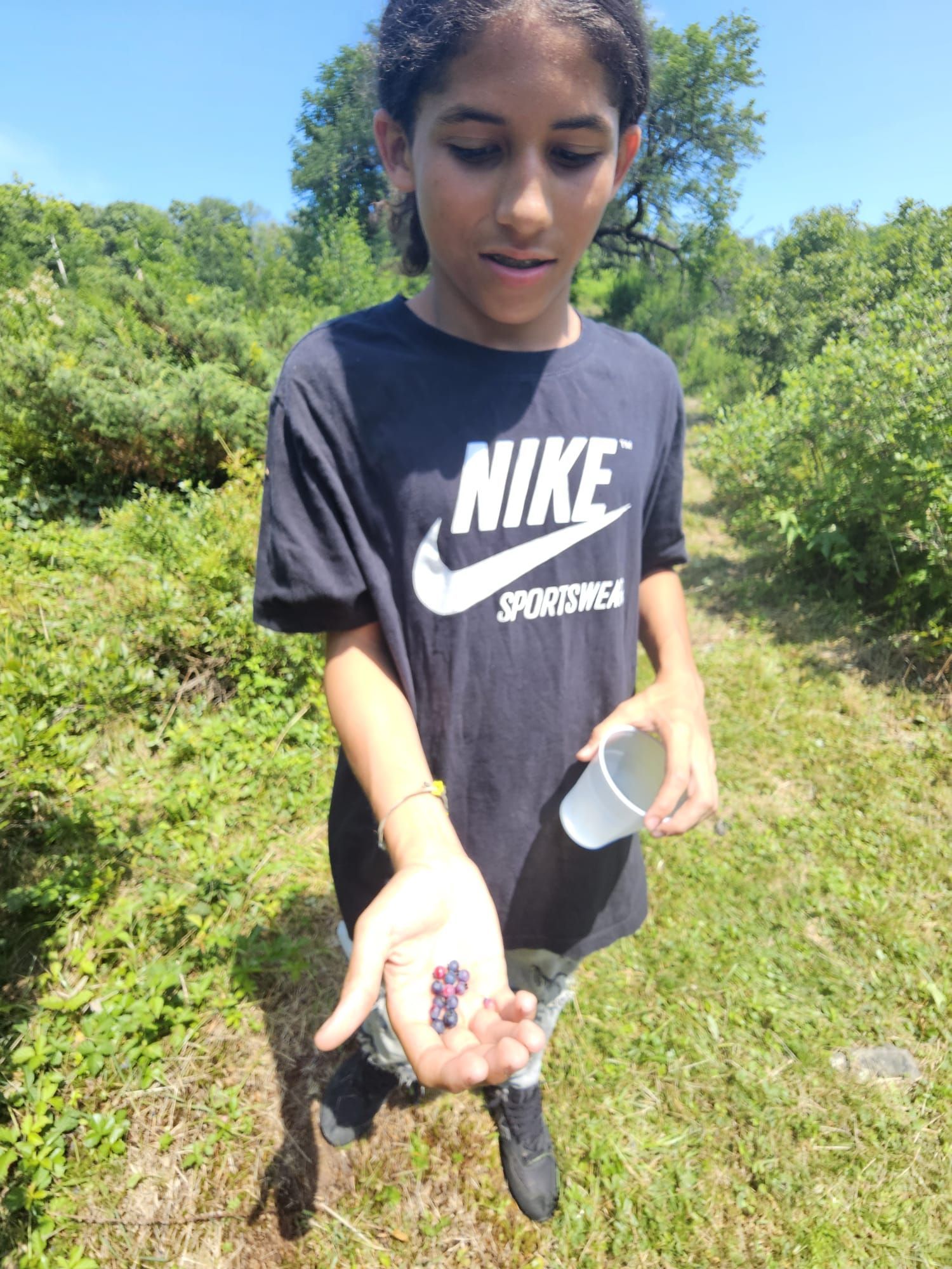 Person holding berries, standing outdoors in sunny, green environment; wearing Nike t-shirt.