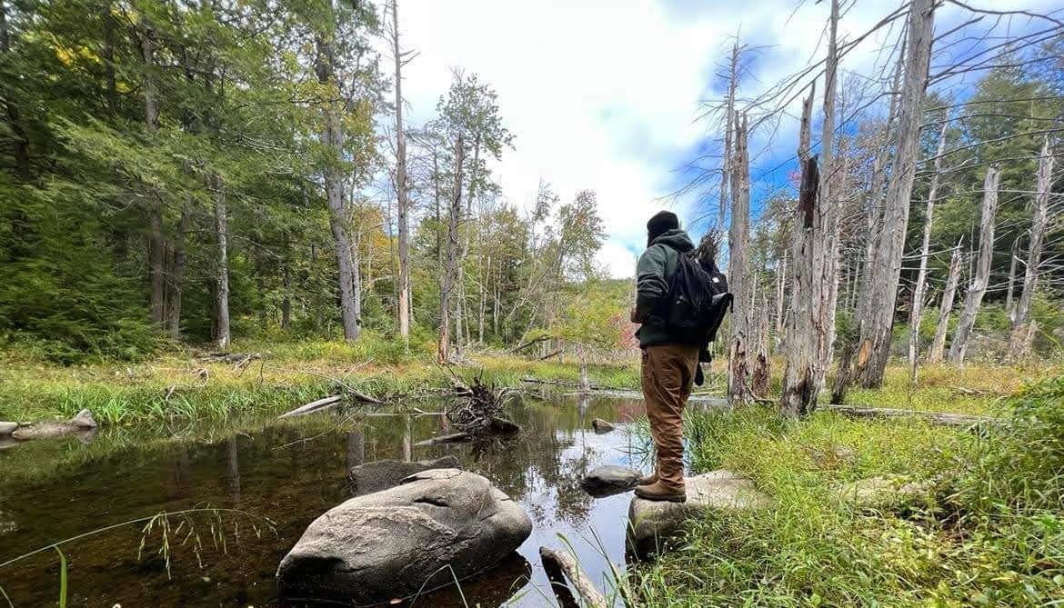 Person with backpack stands by a stream in a forest. Overcast day.